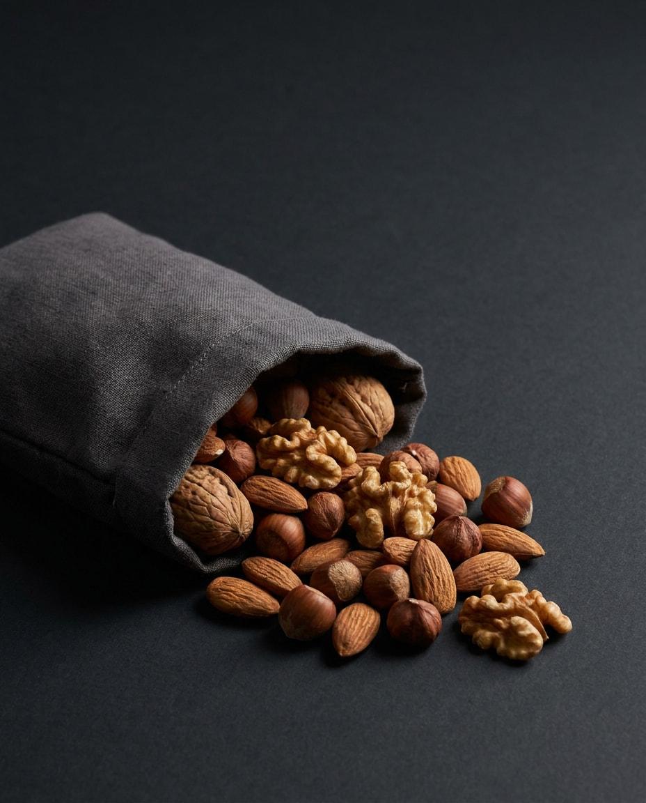 A cloth sack tipped over, spilling mixed nuts across a dark surface